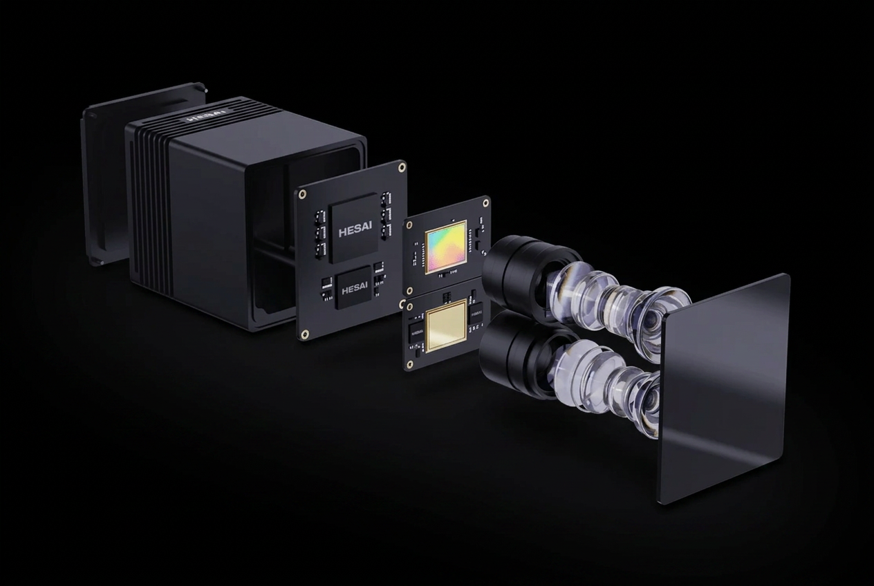 Exploded view of a Hesai lidar sensor on a black background